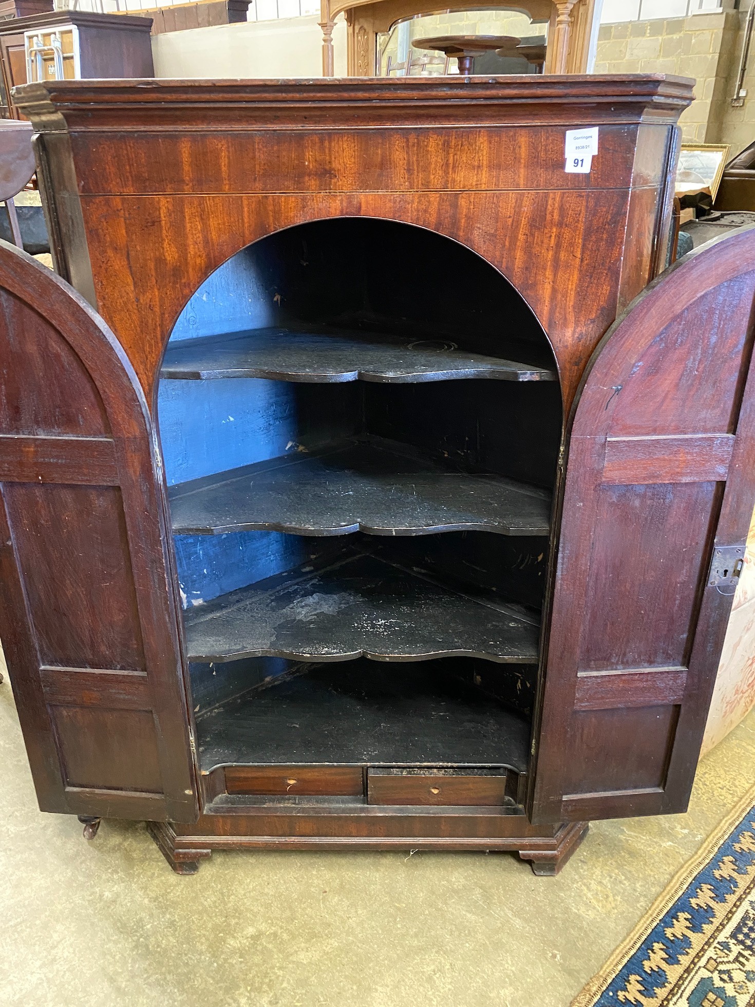 A George III mahogany corner cabinet, width 92cm, depth 51cm, height 138cm